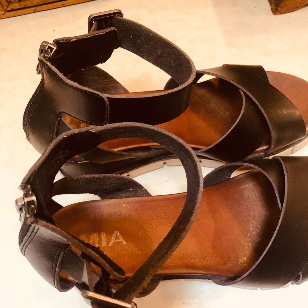 MIA LAURI Ankle Strap With Zipper High Stack Wedge Heel Sandals Black 9M - Picture 2 of 7